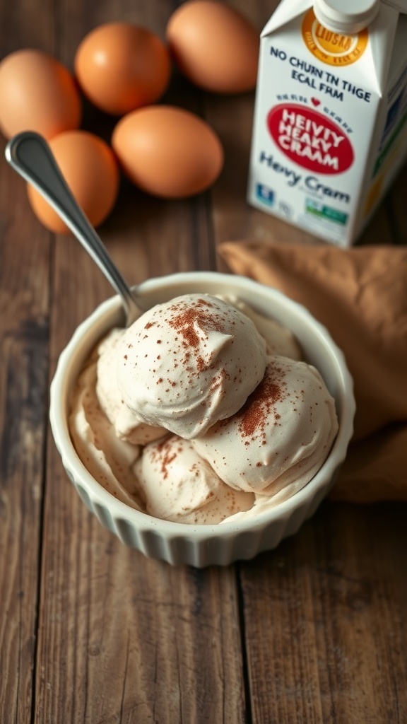A bowl of no-churn carnivore ice cream garnished with cocoa powder, surrounded by eggs and heavy cream.